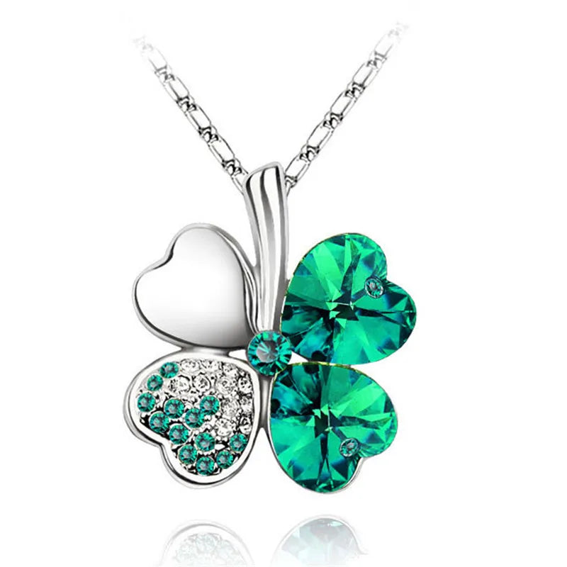 Austrian Crystal Colorful Four Leaf Clover Heart Necklaces