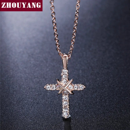 Religious Crystal Cross Rose Gold Necklace