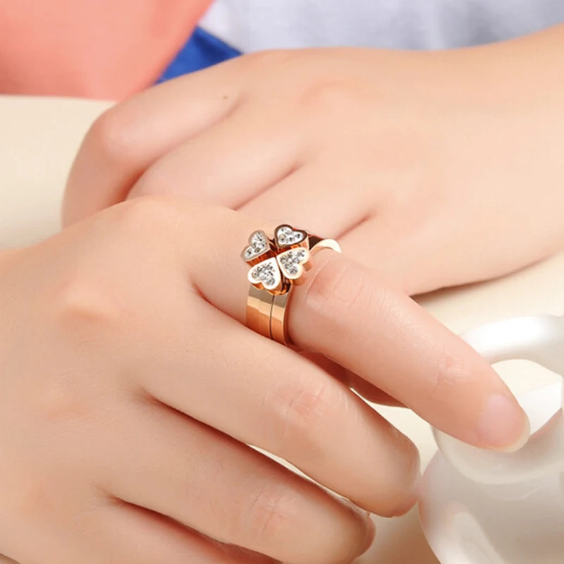 Silver Gold Brass 3-in-1 Rhinestone Heart Rings