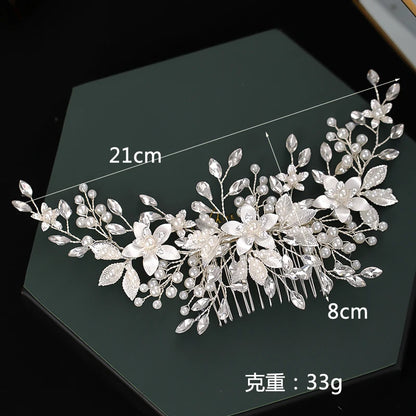 Silver Rhinestones Pearl White Flowers Hair Comb Pearl