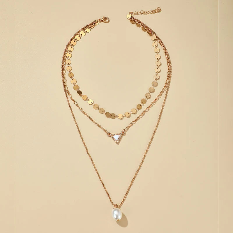 Three Strand Gold Pearl Stone Necklace