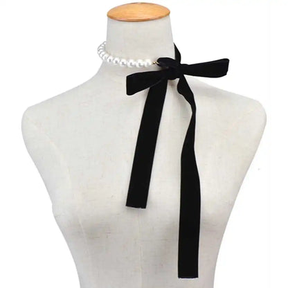 Black Velvet Ribbon Bow and Pearl Choker