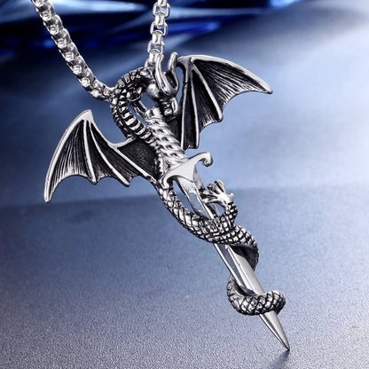 Silver Retro Viking Pterodactyl Sword Shaped Pendant Necklace