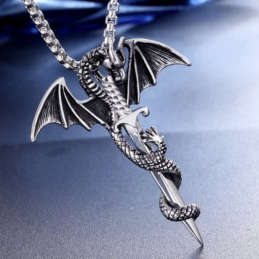 Silver Retro Viking Pterodactyl Sword Shaped Pendant Necklace