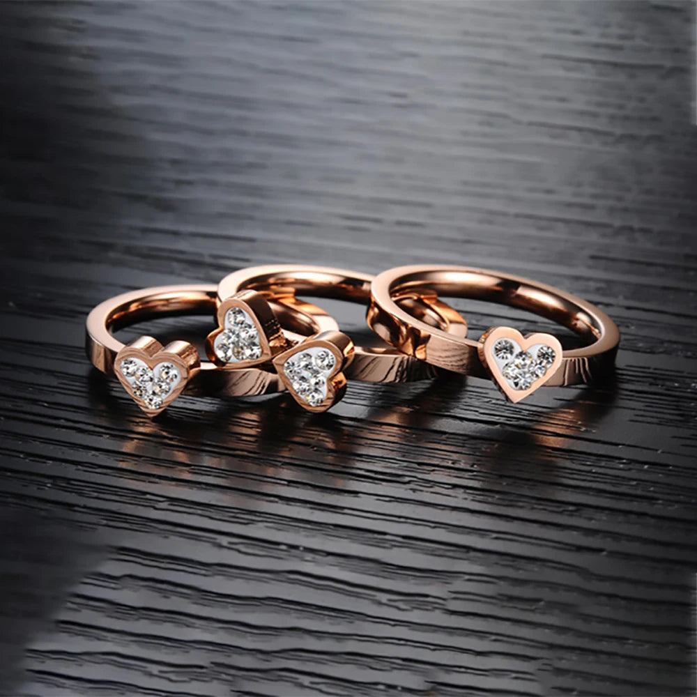 Silver Gold Brass 3-in-1 Rhinestone Heart Rings