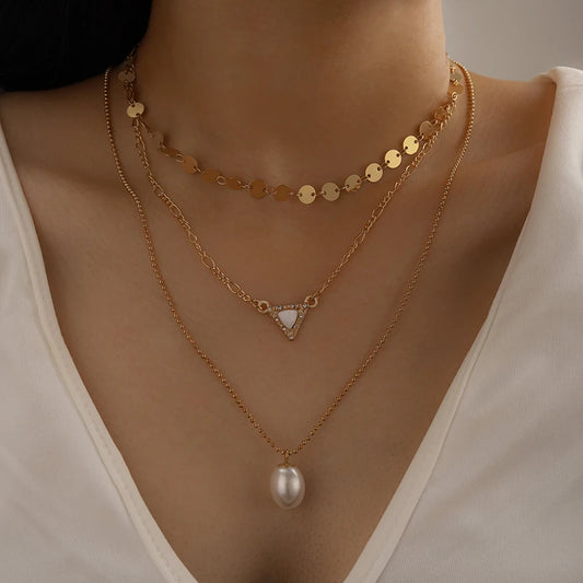 Three Strand Gold Pearl Stone Necklace