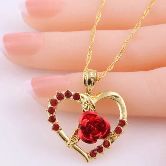 Gold Heart with Red Rhinestones & Rose