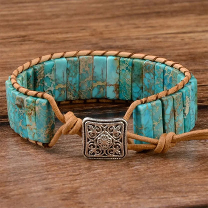 Multi-Color Natural Gem and Leather Tibetan Gypsy Adjustable Wrist Wrap