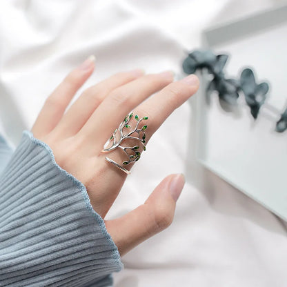 Sterling Silver Green Rhinestone Leaves Ring