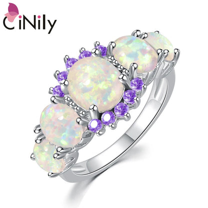 White Fire Opal Purple Zirconia Silver Ring