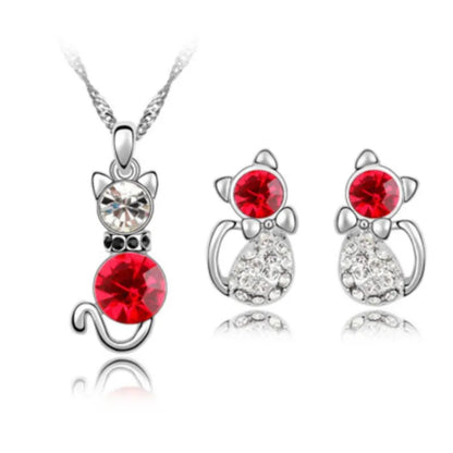 Colorful Rhinestone Kitty Cat Necklace and Earring Sets