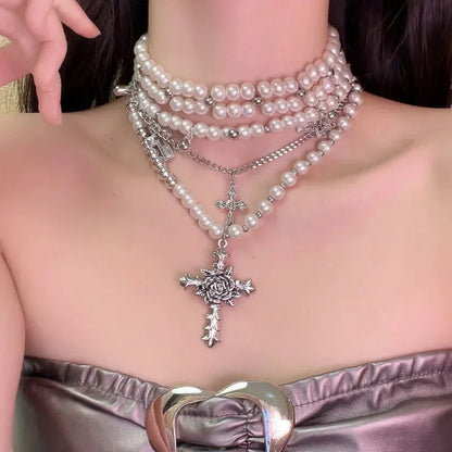 Exquisite Multi-Layered Pearl and Silver Cross Pendant and Neck Wraps