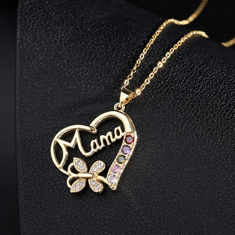 Gold Rhinestone Butterfly Mama Necklace