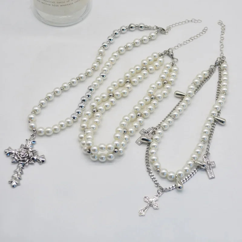 Exquisite Multi-Layered Pearl and Silver Cross Pendant and Neck Wraps