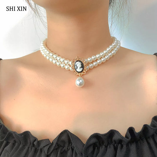 Layered Imitation Pearl  with Cameo Chokers