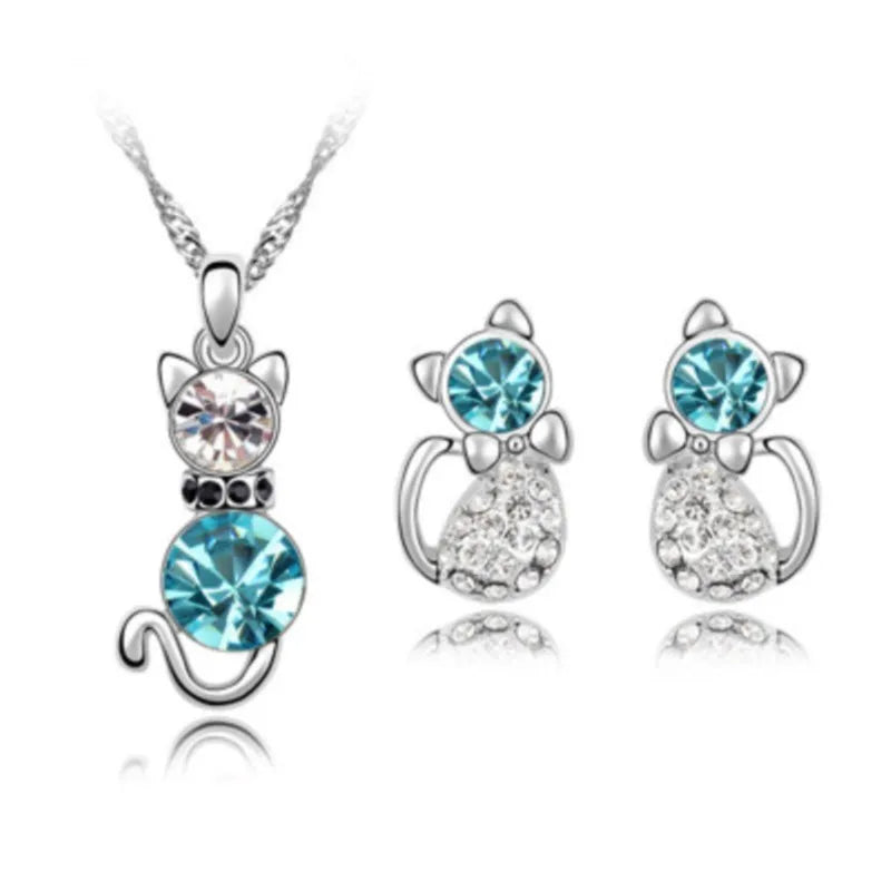 Colorful Rhinestone Kitty Cat Necklace and Earring Sets