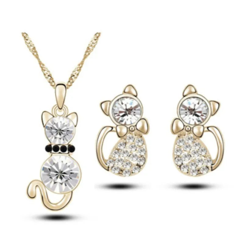 Colorful Rhinestone Kitty Cat Necklace and Earring Sets