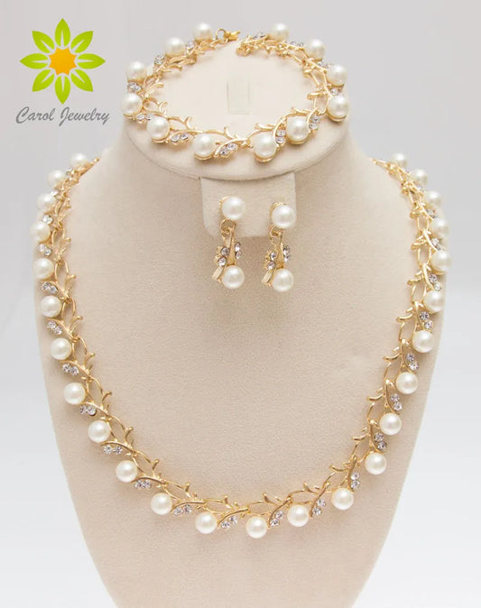 Classic Imitation Pearl Gold Silver Clear Crystal Jewelry Sets