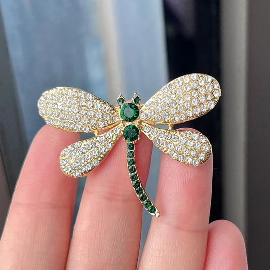 Elegant Green Clear Crystal Dragonfly Brooch for Women