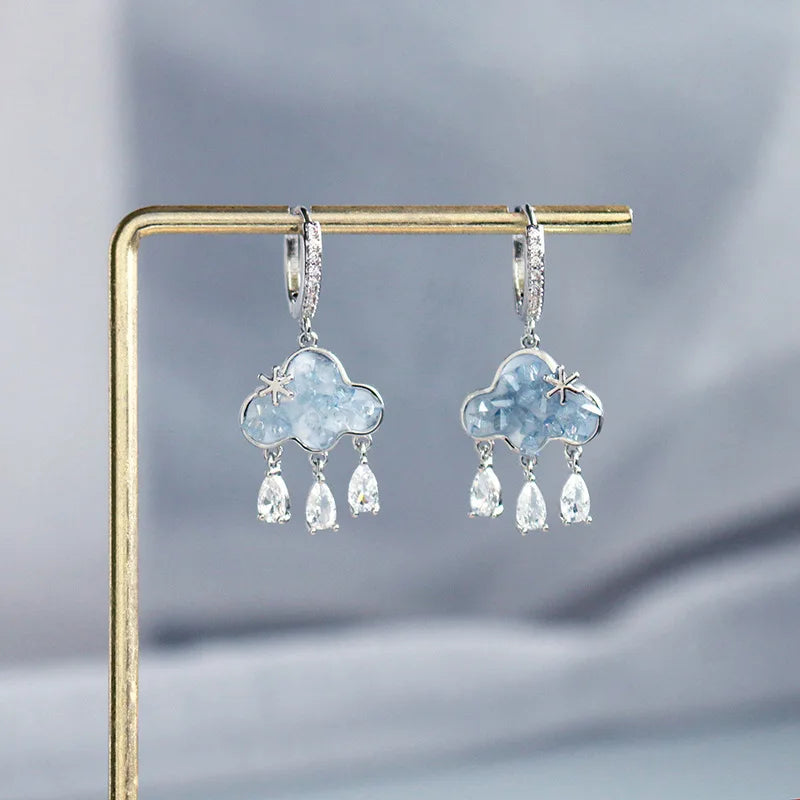 Exquisite Dreamy Clouds, Raindrops, Silver Stars Earrings