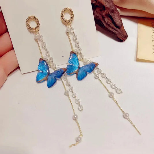 Korean Long Gold Tassel Butterfly Drop Earrings