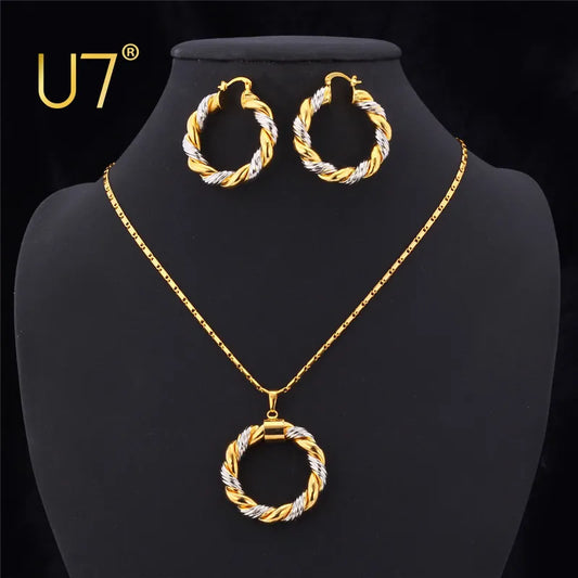 Dubai Fashion Braided Gold and Silver Hoops and Necklace Set