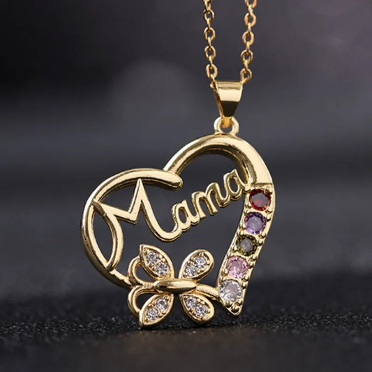 Gold Rhinestone Butterfly Mama Necklace