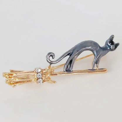 Enamel Cat Magic Silver Gold Broomstick Brooches