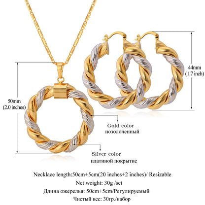 Dubai Fashion Braided Gold and Silver Hoops and Necklace Set