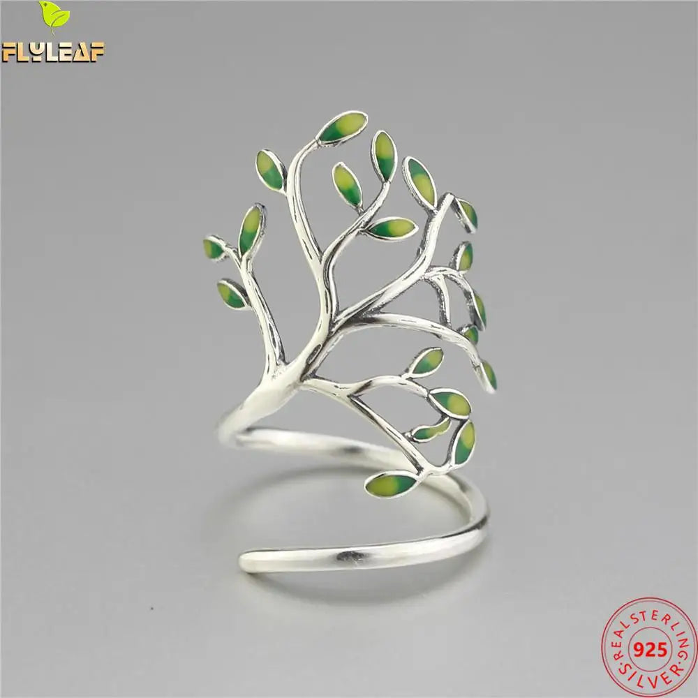 Sterling Silver Green Rhinestone Leaves Ring