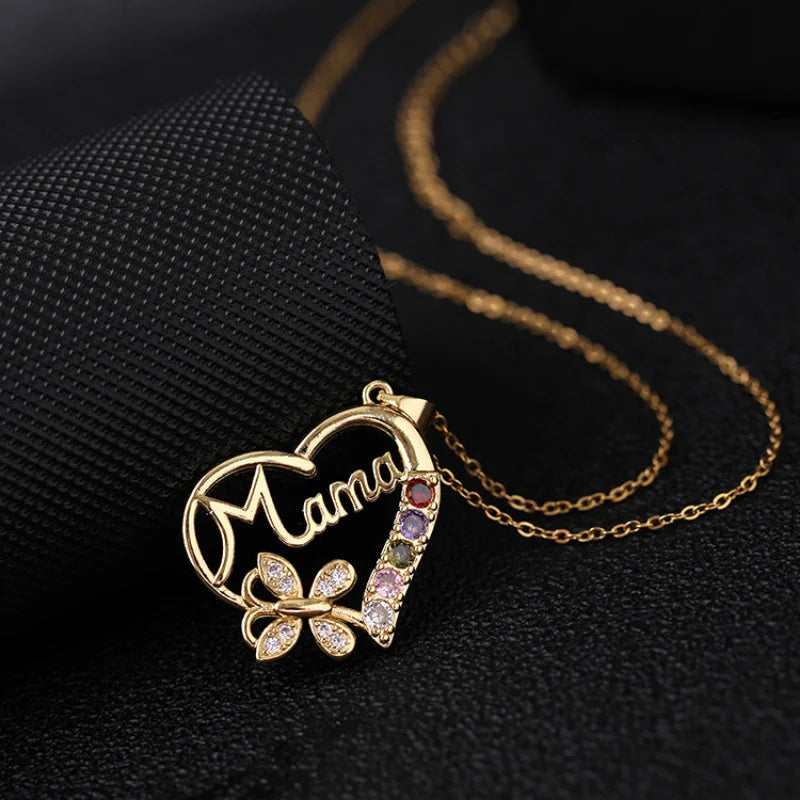 Gold Rhinestone Butterfly Mama Necklace