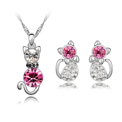 Colorful Rhinestone Kitty Cat Necklace and Earring Sets