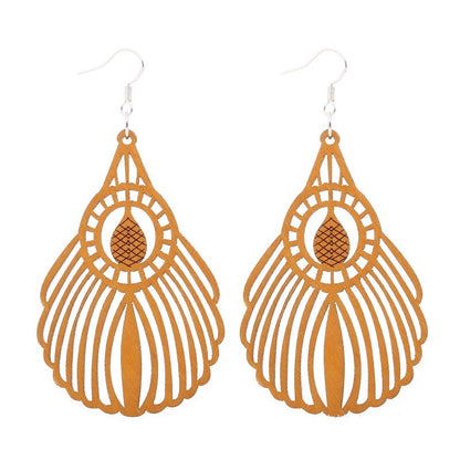 African Patterned Carved Geometric Wooden Earrings