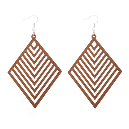 African Patterned Carved Geometric Wooden Earrings