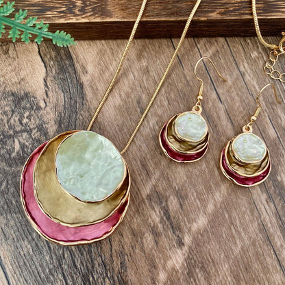 Three-Layer Ring Hollow Pendant Earrings And Necklace Set