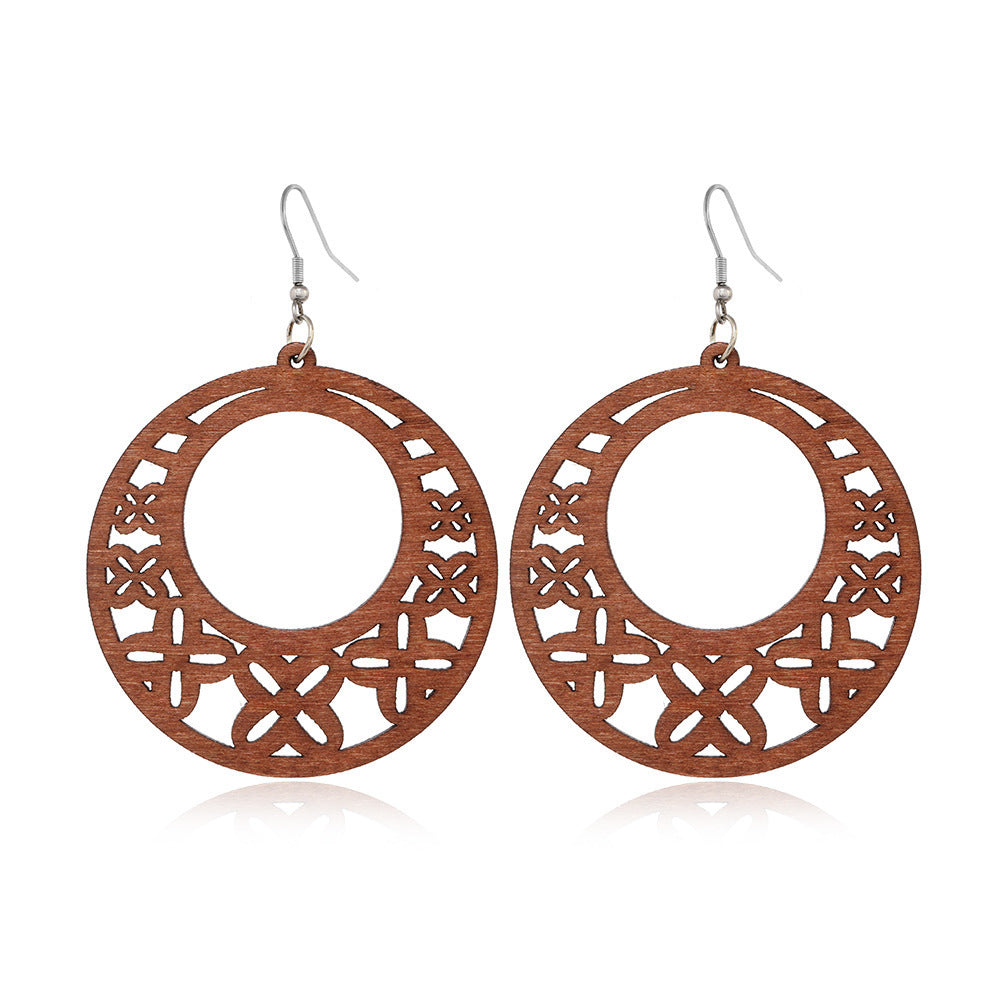 African Patterned Carved Geometric Wooden Earrings