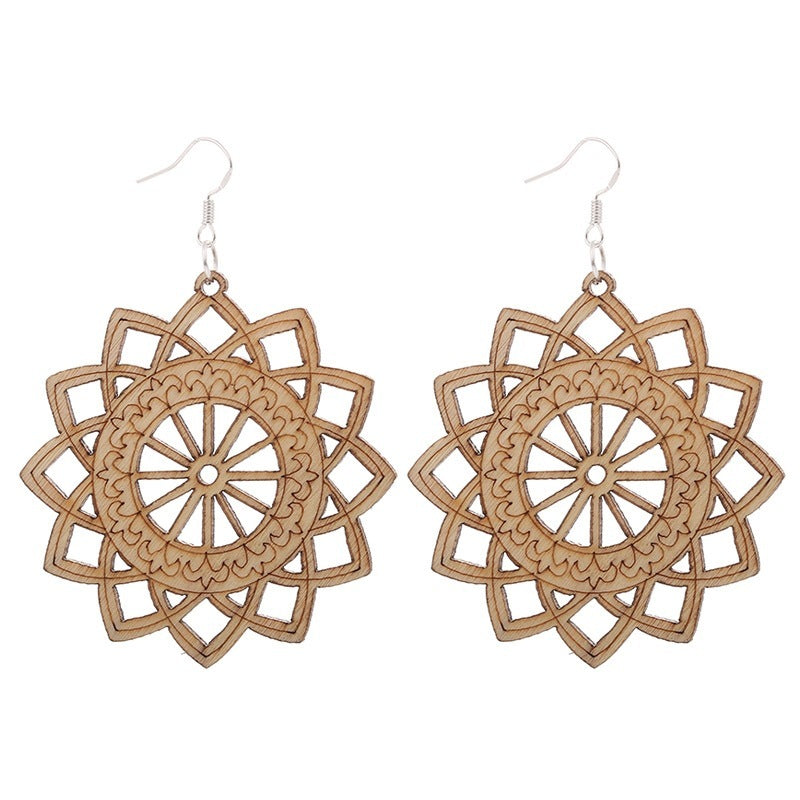 African Patterned Carved Geometric Wooden Earrings