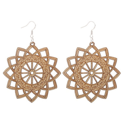 African Patterned Carved Geometric Wooden Earrings