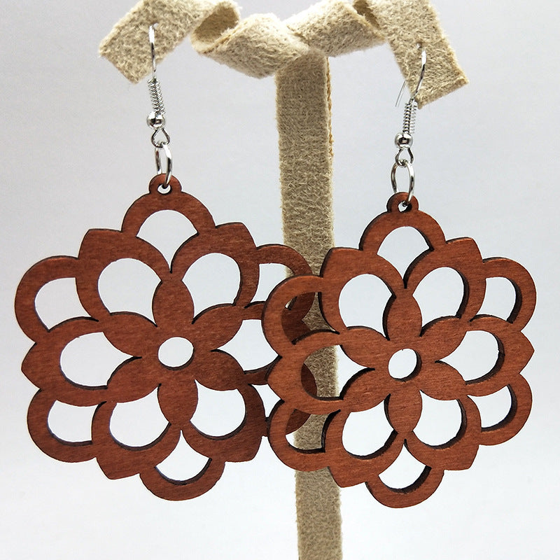 African Patterned Carved Geometric Wooden Earrings