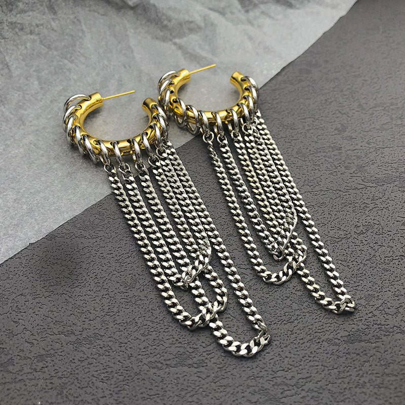 Gold Hoop Silver Chain Tassel Earrings