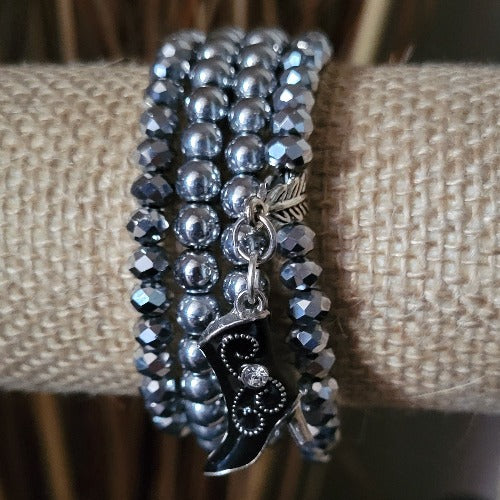 Silver Multi-Layer Elastic Wrist Wraps with Black Cowboy Boot Charm, Signature Piece