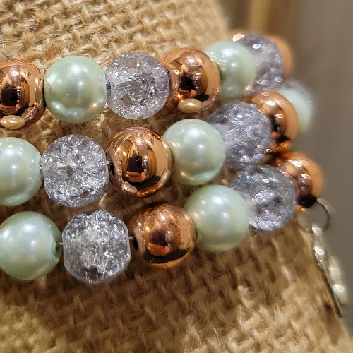 Pale Green, Gold, Clear 3 Layer Wrist Wrap with 2 Charms