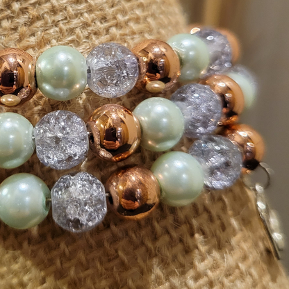 Pale Green, Gold, Clear 3 Layer Wrist Wrap with 2 Charms