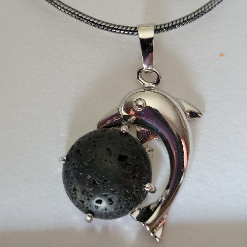 Silver Dolphin on Black Lava Rock Necklace