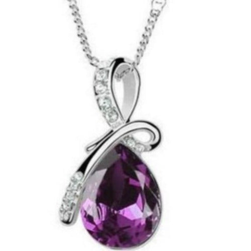 Silver, Purple Rhinestone Angel Tear Drop Necklace