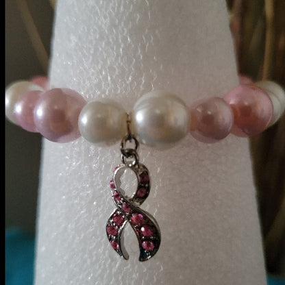 Breast Cancer Beaded Wrist Wraps Pink Rhinestones & Silver Ribbon Charm