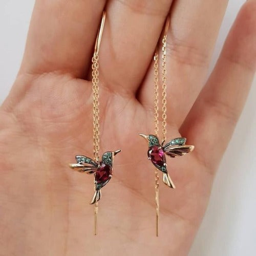 Humming Bird Gold Rhinestone Drop Studs