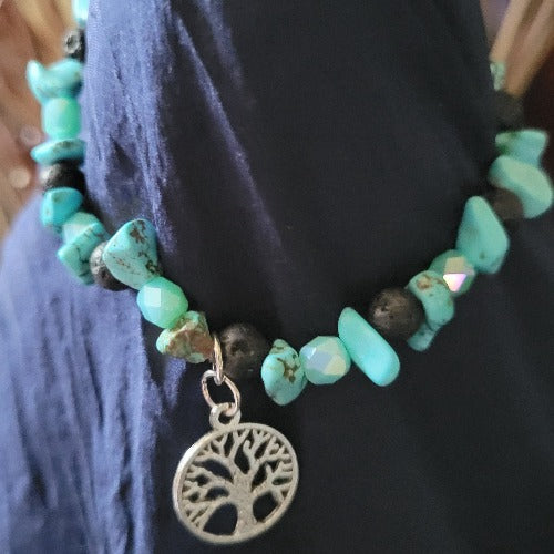 Silver, Mixed Shades Navajo Turquoise Beads with Charms, Signature Pieces