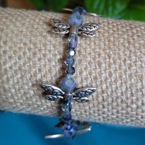 Blue Beaded Silver Dragonfly & Purple Silver Angel Bracelets