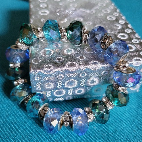 Blue Crystal Beads Silver Rhinestone Dividers Wrist Wrap